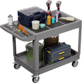 2 Tier Plastic Rolling Utility Cart on Wheels, Heavy Duty Tool Cart with Deep Shelves and 360° Swivel Wheels Holds up to 550 lbs, Service Cart for Garage, Warehouse, Cleaning (Grey-L-Flat Top)