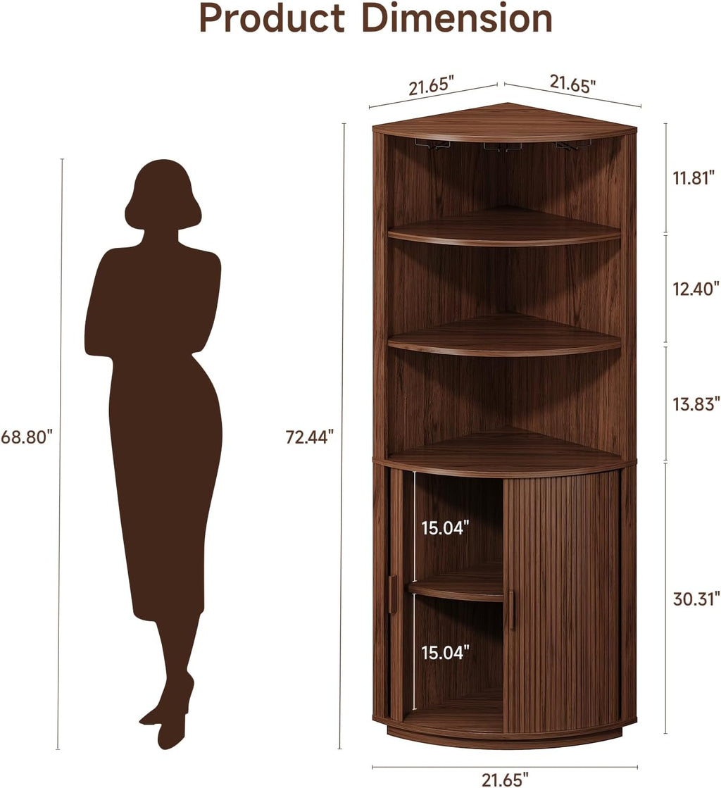 72" Tall Corner Bar Cabinet with LED Lights, Fluted Wine Bar Cabinet with Storage, Mid-century Modern Liquor Cabinets with Sliding Door & Wine Glass Holder, for Dining Room, Living Room Walnut