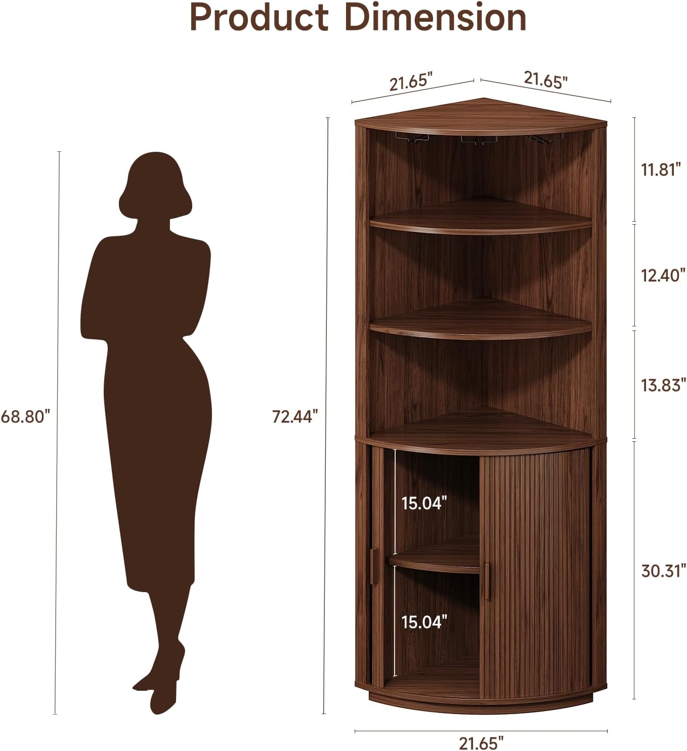 72" Tall Corner Bar Cabinet with LED Lights, Fluted Wine Bar Cabinet with Storage, Mid-century Modern Liquor Cabinets with Sliding Door & Wine Glass Holder, for Dining Room, Living Room Walnut