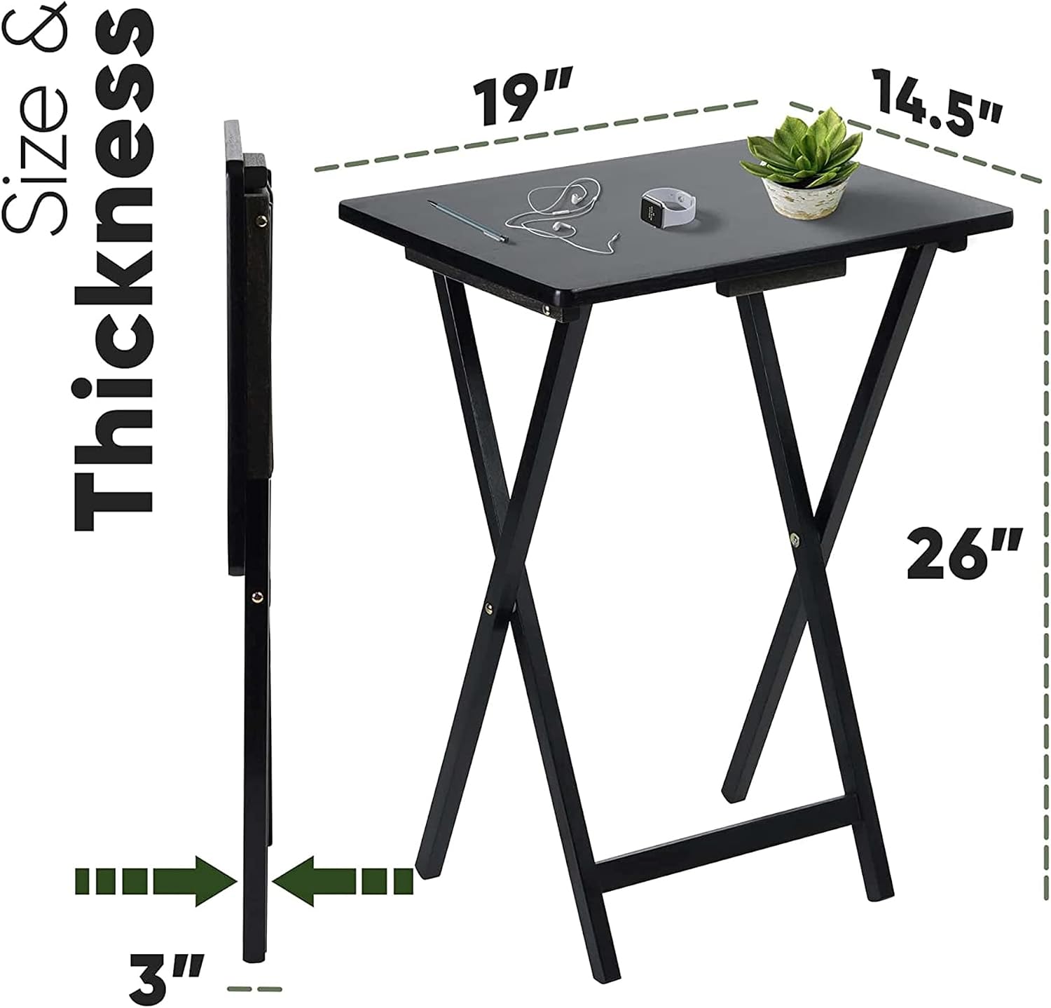 PJ Wood Conventional Solid and Sturdy Wood Construction Portable Folding TV Snack Tray Table Desk Serving Stand, Black (8-Piece Set)