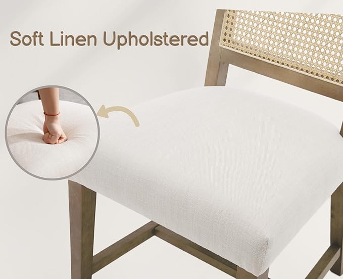EALSON Rattan Dining Chairs Set of 4 Mid Century Modern Linen Upholstered Fabric Dining Room Chairs with Cane Back and Natural Wood Legs for Kitchen/Restaurant, Beige