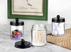 Amolliar Apothecary Jars Bathroom Storage Organizer - Cute Qtip Dispenser Holder Vanity Canister Jar Glass with Lid for Cotton Swabs,Rounds,Bath Salts,Makeup Sponges,Hair Accessories/Black（2 Pack）