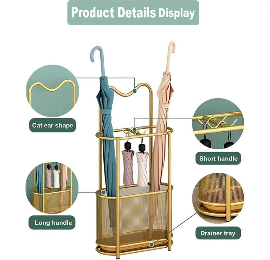 Freestanding Cat Ear Design Umbrella Holder for Entryway,Metal Mesh Umbrella Rack with Hooks & Bottom Drip Tray Storage Organizer Umbrella Stand,for Canes,Umbrellas,Home,Office,Hotel