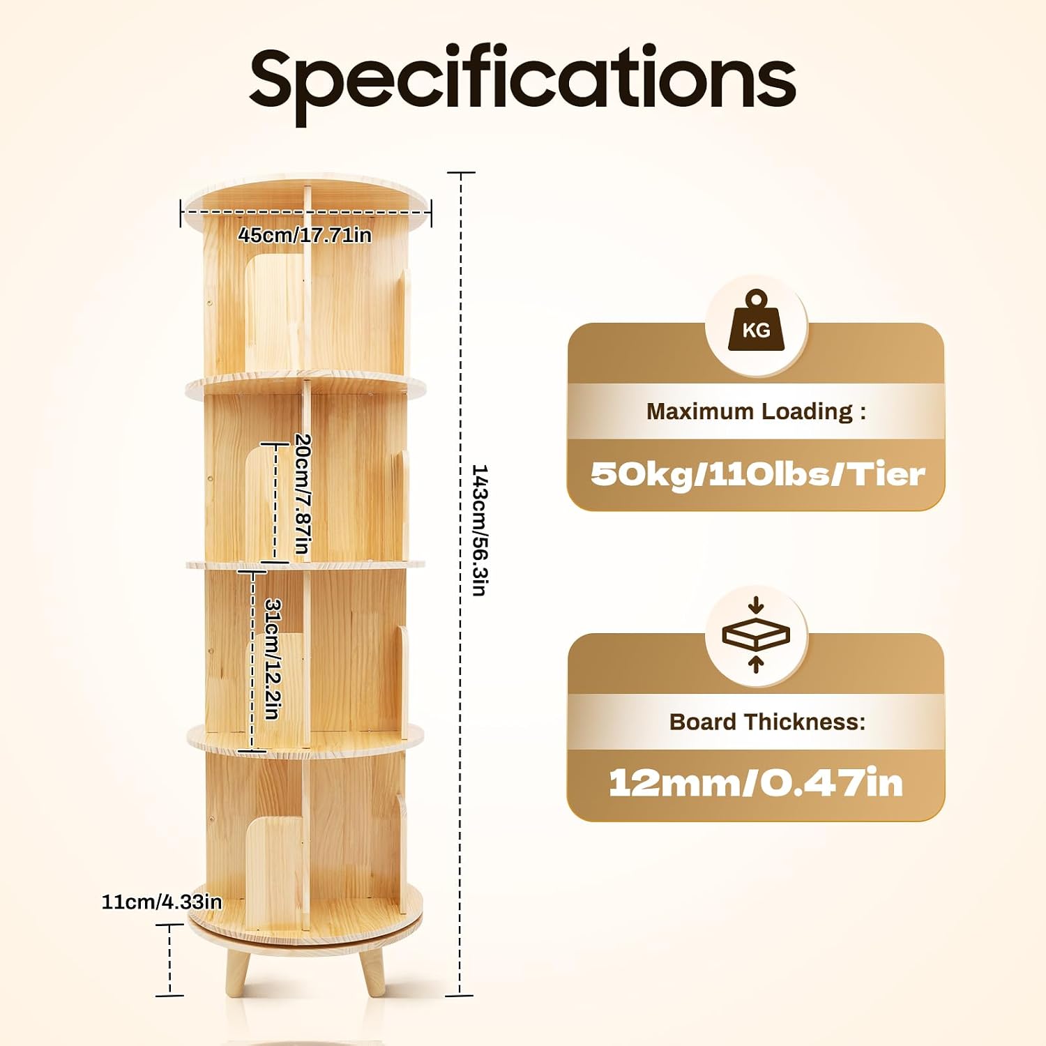 Wooden Rotating Bookshelf 360 Display Floor Standing Bookcase Storage Rack for Kids&Adults Multi-Functional Bookshelf Organizer (4-Tier)