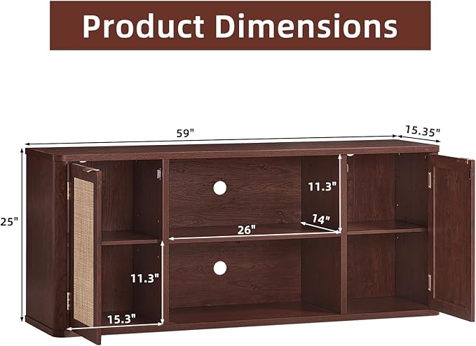 LEYAOYAO Rattan TV Stands for Living Room, Boho Entertainment Center with Storage and Open Shelf, Wood Media Console for 50-65 Inch TV, Walnut