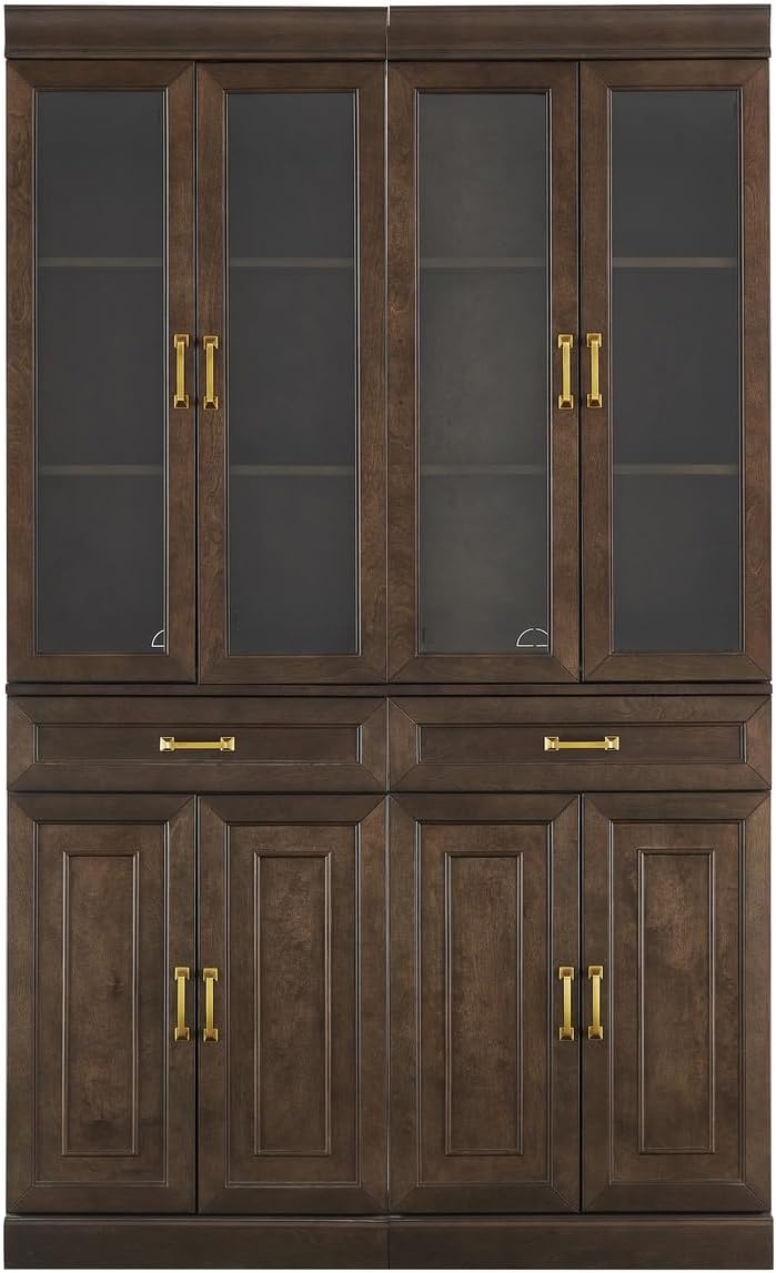 HomeStock Modern Minimalism Stanton 2Pc Glass Door Kitchen Storage Pantry Cabinet Set - 14.5" D x 47.5" W x 78" H, Floor Mountable, Shelves Included, 2 Doors 2 Drawers