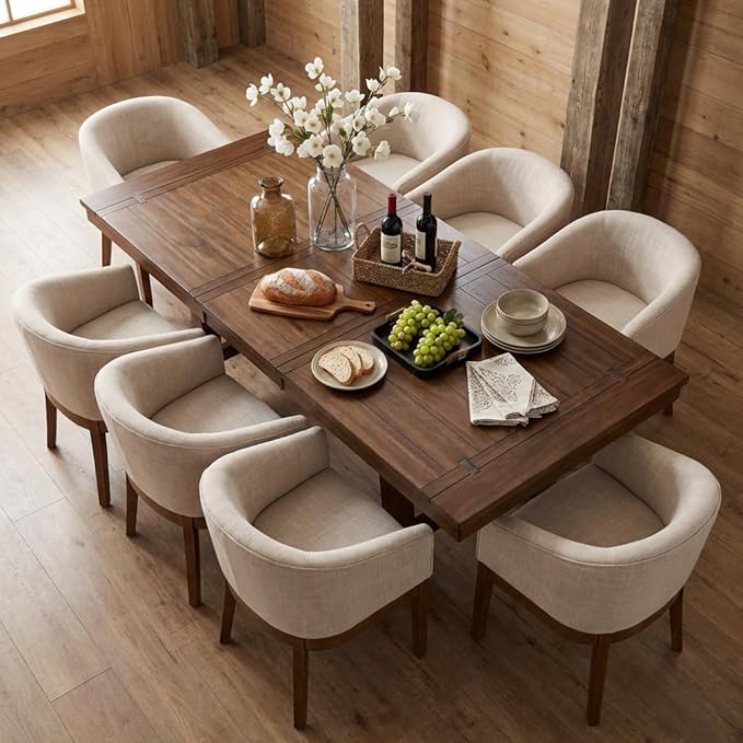 Mid-Century Modern Beige Dining Chairs Set of 8, Linen Upholstered Kitchen Dining Room Chairs with Natural Wood Legs, Curved Backrest Armchairs, Beige