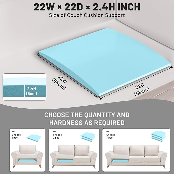 Couch Cushion Support for Sagging Seat – 3 Pack 22x22x2.4 Inch Sofa Cushion Board Saver & Replacement Insert for Saggy Couch or Chair, Quick No-Tool Install with 40D Memory Foam
