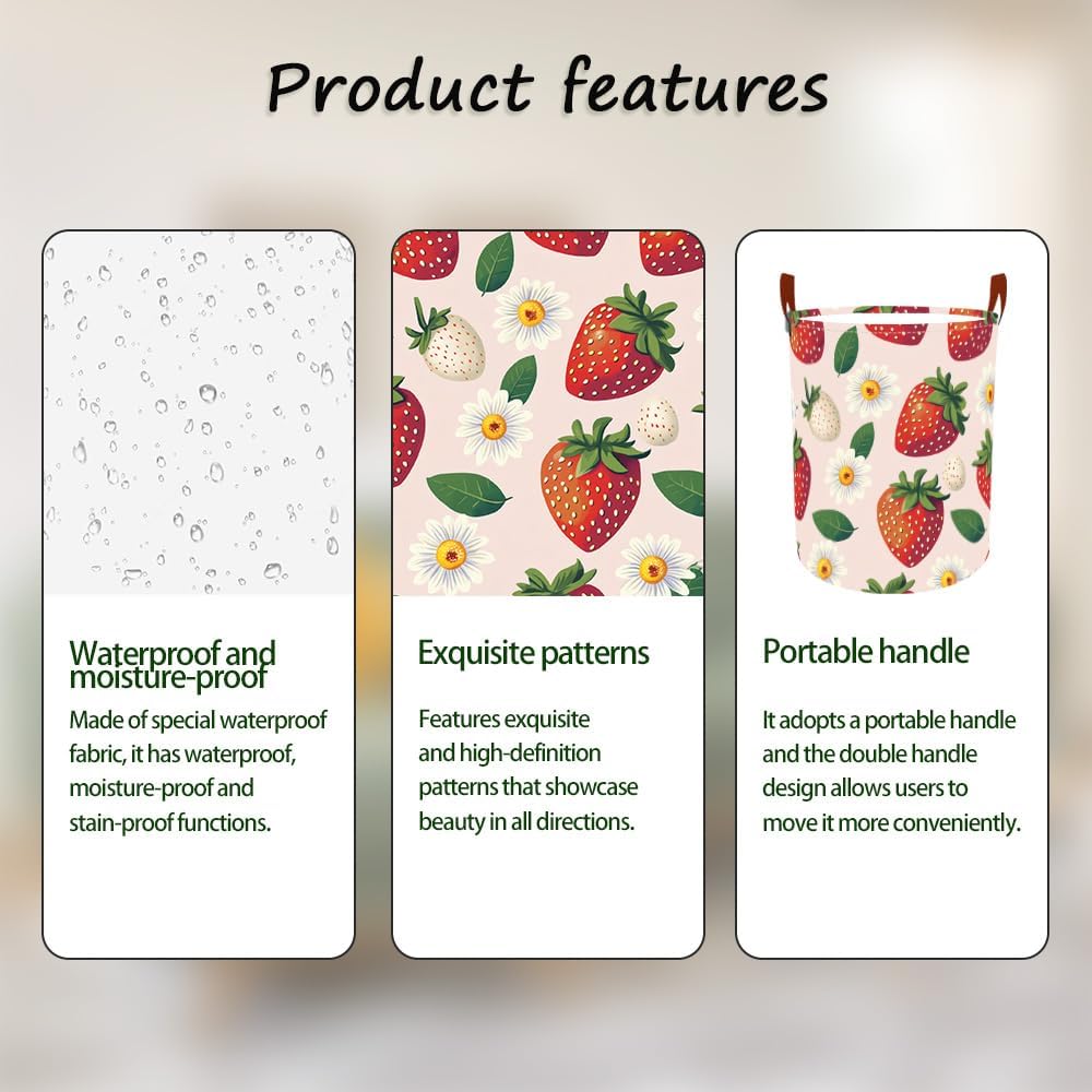 Laundry Baskets 15.7x19.7 Inch Large Strawberry Daisy Design Collapsible Laundry Hamper with Handles Oxford Fabric Clothes Storage Bin Foldable Dirty Clothes Organizer for Bedroom Bathroom Dorm
