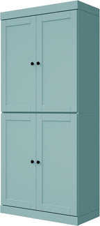Palace Imports Solid Wood Kitchen Pantry Cabinet - 71.5" H x 32" W - Wooden Storage Cabinet w/ 4 Shaker Doors, 2 Drawers & 4 Adjustable Shelves, Aqua, 100% Renewable Eco-Friendly Wood, Made in Brazil