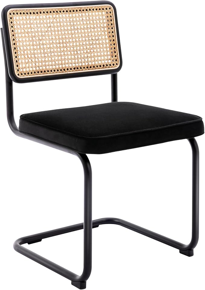 Zesthouse Natural Rattan Dining Chairs Set of 2, Modern Dining Room Chairs with Solid Wood Back for Kitchen Living Room, Mid Century Breuer Design Inspired, Upholstered Velvet Fabric, Black
