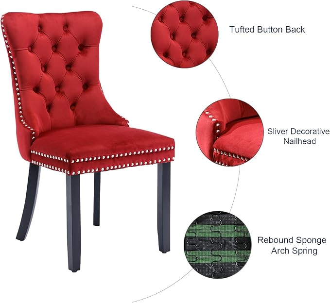 Velvet Dining Chairs Set of 4, Tufted Upholstered Dining Room Chairs with Back Ring Pull, Nailhead Trim and Solid Wood Legs, Modern Dining Chairs for Dining Room, Kitchen,Burgundy Red