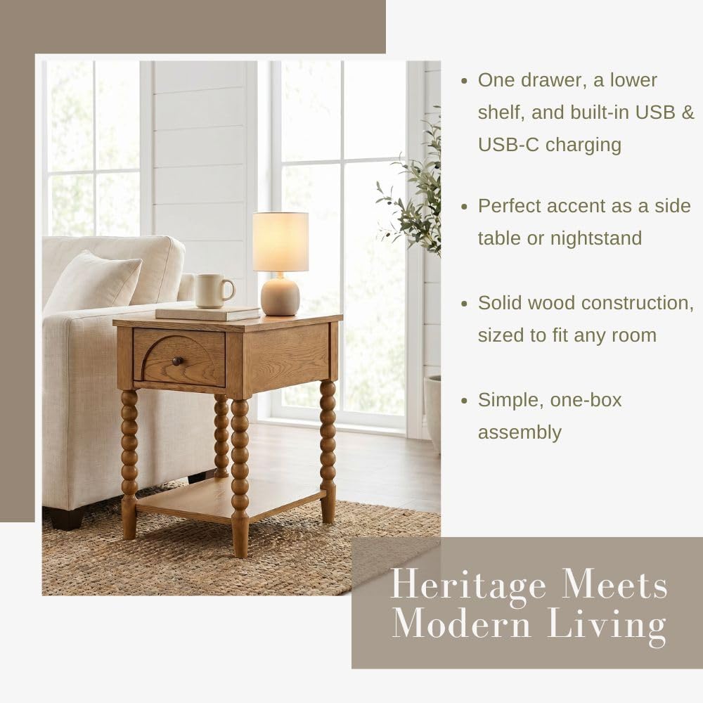 Pembroke 24” Deep Rectangular Chairside End Table with Drawer, Shelf & US...