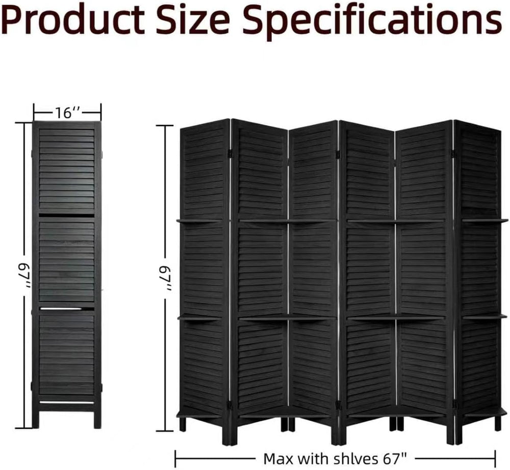 6 Panel Room Divider with Shelves,67" H Tall Folding Privacy Screen,Black