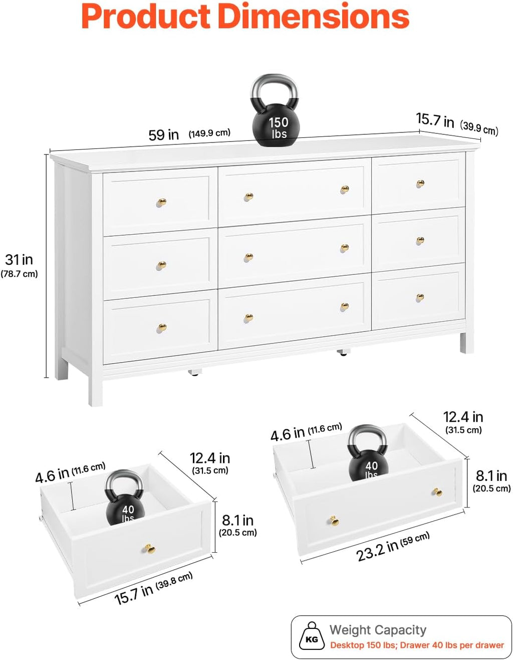 VEVOR 9 Drawer Dresser, Wooden Chest of Drawers with Sliding and Anti-tip Device, Retro Minimalist Dresser Chest, Closet Storage TV Stand Organizer for Living Room, Hallway, Bedroom, Entryway, White