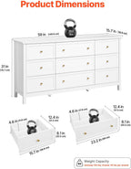 VEVOR 9 Drawer Dresser, Wooden Chest of Drawers with Sliding and Anti-tip Device, Retro Minimalist Dresser Chest, Closet Storage TV Stand Organizer for Living Room, Hallway, Bedroom, Entryway, White