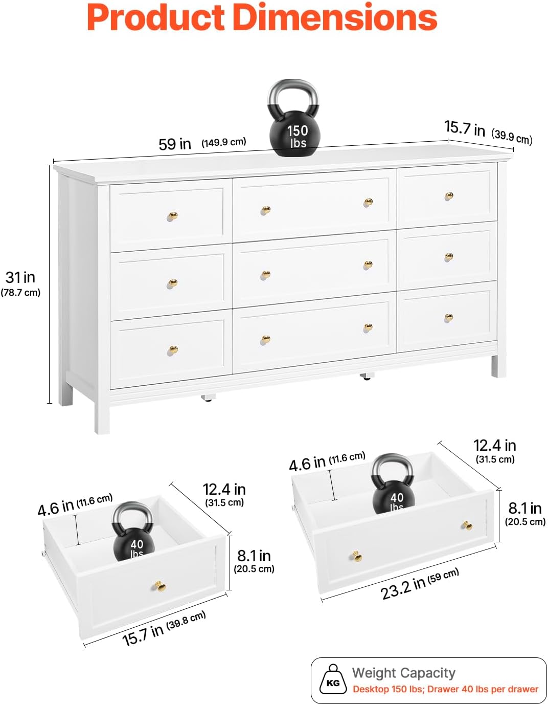 VEVOR 9 Drawer Dresser, Wooden Chest of Drawers with Sliding and Anti-tip Device, Retro Minimalist Dresser Chest, Closet Storage TV Stand Organizer for Living Room, Hallway, Bedroom, Entryway, White