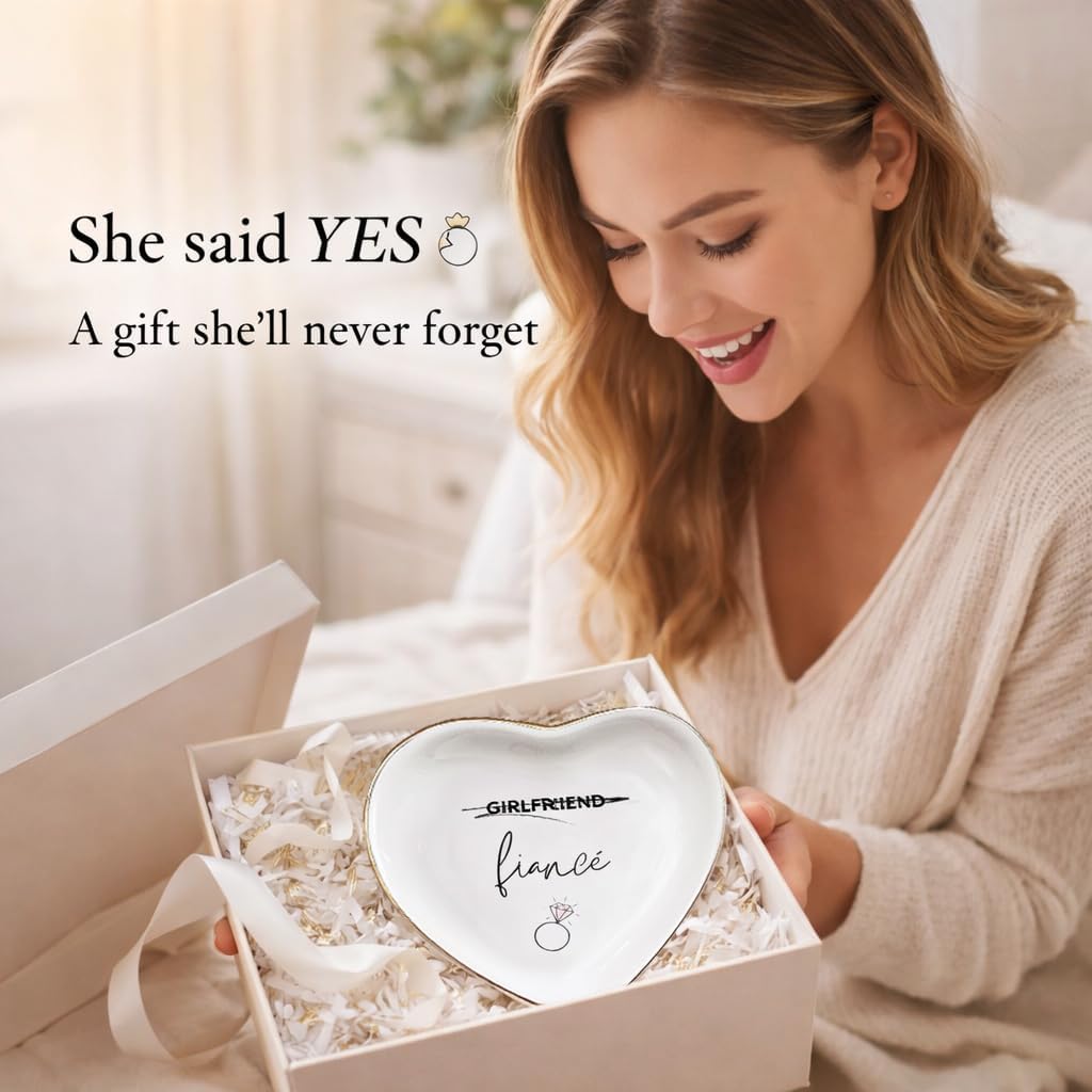 Fiance Jewelry Dish Tray – Engagement Ring Holder Ceramic Trinket Dish, Elegant Jewelry Organizer for Women, Bridal Shower Engagement Gift for Future Wife