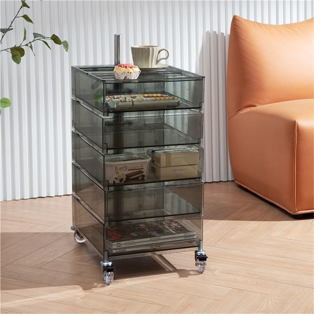 End Table with Storage and Wheels Plastic Side Cabinet Storage Cart Bedside T...