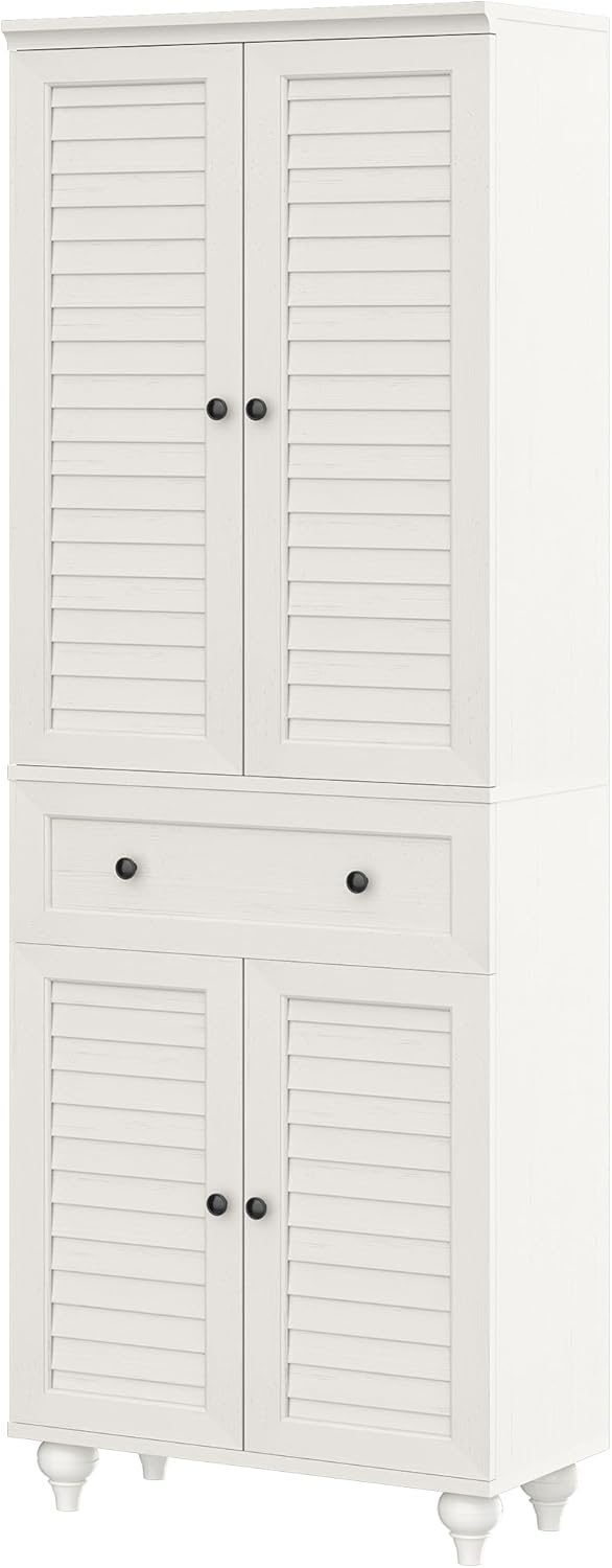 80" Tall Storage Cabinet with Louvered Doors and Adjustable Shelves, Farmhouse Kitchen Pantry Cabinet, Freestanding Storage for Dining Room, Living Room, Home Office, Bathroom, Rustic White