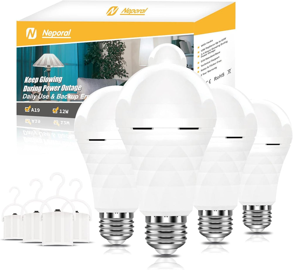 Neporal A19 Rechargeable Light Bulbs Emergency Light Bulb for Power Outages, ...