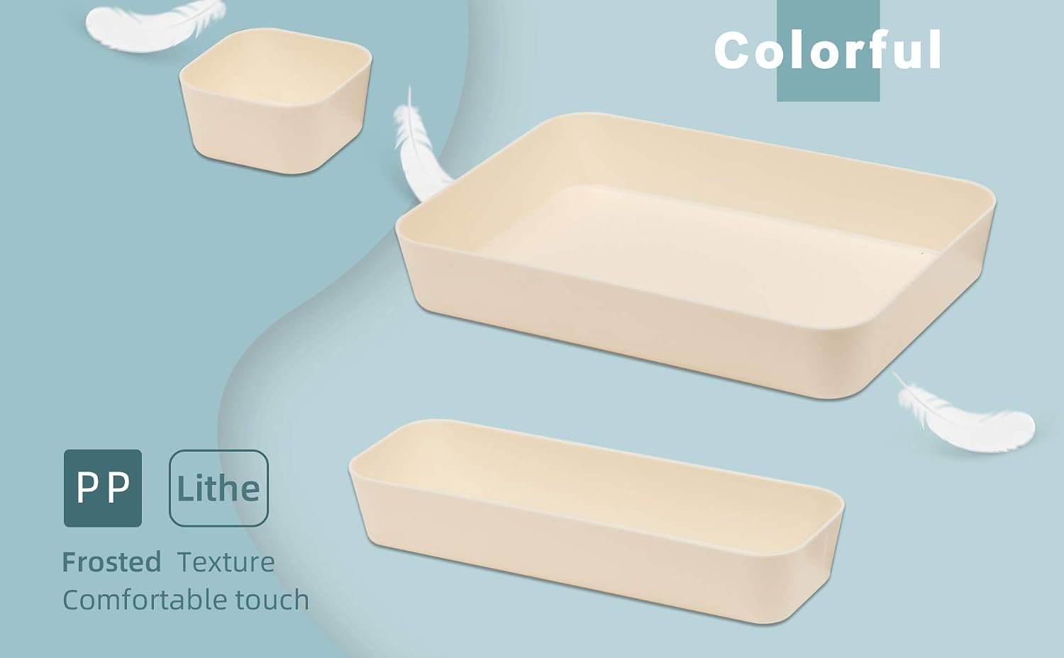 Set Of 12 Beige Color Plastic Desk Drawer Organizers For Makeup Bathroom Office Kitchen Vanity Drawer Storage Box Container