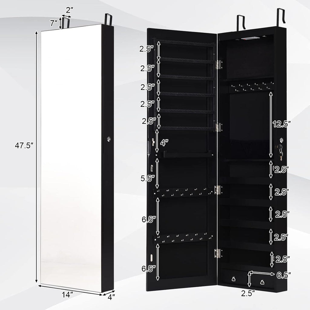 COSTWAY Wall Mounted Jewelry Armoire with Full Length Mirror & 2 LED Lights, Large Storage Capacity, Lockable Mirror Jewelry Cabinet for Women Girls (Black)
