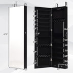 COSTWAY Wall Mounted Jewelry Armoire with Full Length Mirror & 2 LED Lights, Large Storage Capacity, Lockable Mirror Jewelry Cabinet for Women Girls (Black)