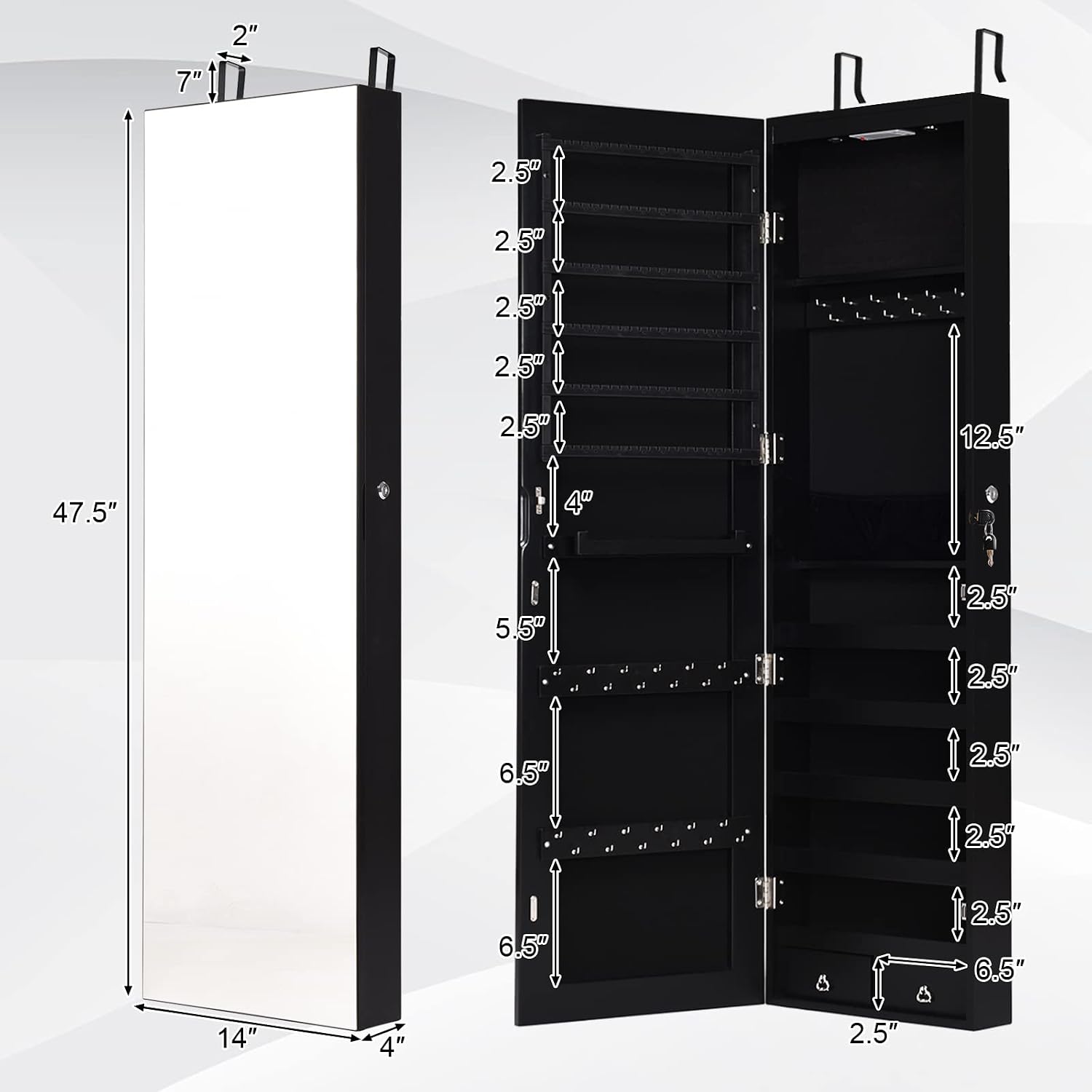 COSTWAY Wall Mounted Jewelry Armoire with Full Length Mirror & 2 LED Lights, Large Storage Capacity, Lockable Mirror Jewelry Cabinet for Women Girls (Black)