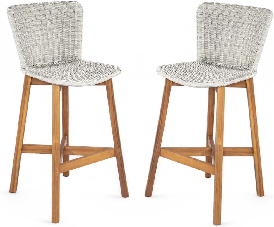 Saiveina Lymington Outdoor Bar Stool, Teak Finished Wood with Light Grey Wick...
