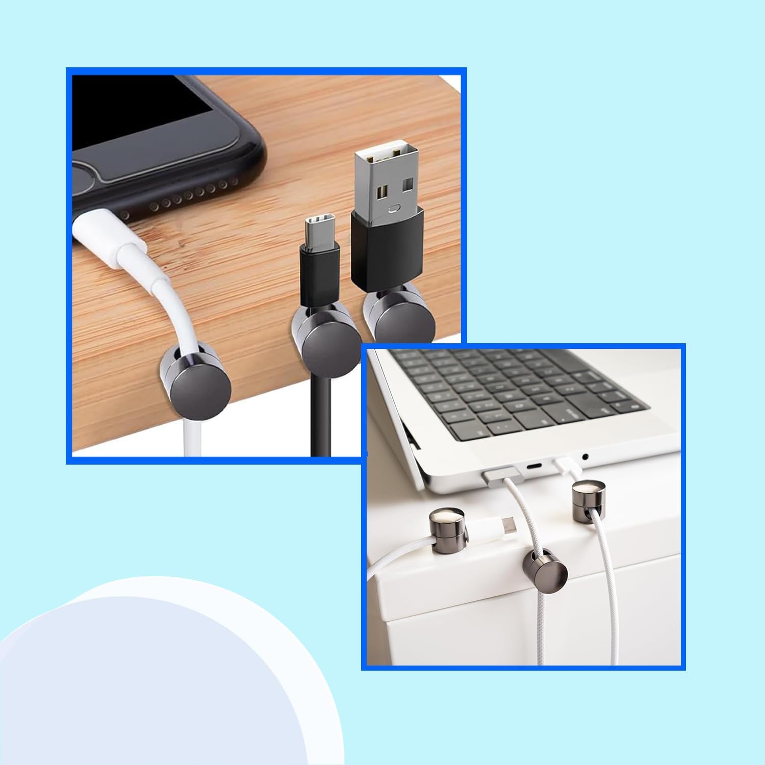 6 Sets Charger Cord Holder, Glossy Black Metal Adhesive Cable Management Clips,Adjustable Cable Anchor Holders,Wire Organizer for Desk, Wall, Home, Office