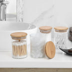 4 Pack Glass Qtip Holder Dispenser Set - Apothecary Jars with Lids for Vanity Makeup Organizer - Bathroom Canister Storage Organizer for Cotton Ball, Swab, Round Pads,Floss