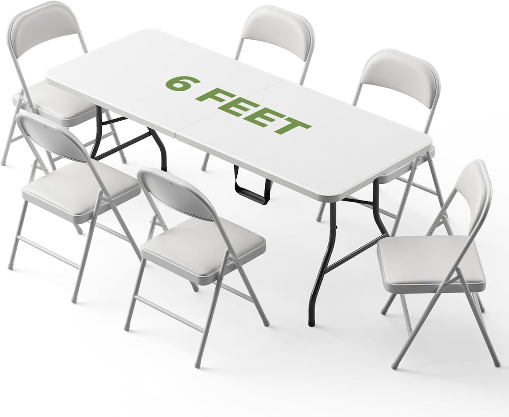 Folding Dining Table Set for 6, 6FT Foldable Plastic Table with Carrying Hand...
