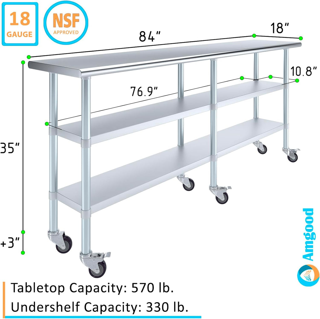 AmGood Stainless Steel Work Table with 2 Shelves and Casters | Metal Utility Table On Wheels (Stainless Steel Work Table with 2 Shelves + Casters, 84" Long x 18" Deep)