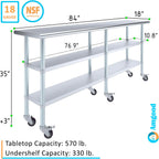 AmGood Stainless Steel Work Table with 2 Shelves and Casters | Metal Utility Table On Wheels (Stainless Steel Work Table with 2 Shelves + Casters, 84" Long x 18" Deep)