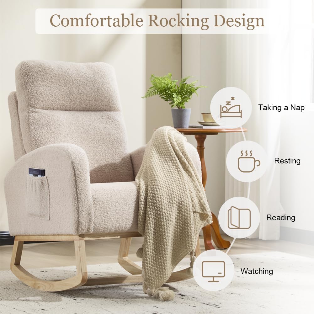 Rocking Chair Nursery, Nursing Rocking Chair with High Backrest for Mom Nursery, Sherpa Armchair Glider Rocker with Side Pocket, Upholstered Lounge Chair for Living Room, Bedroom, Teddy Geige