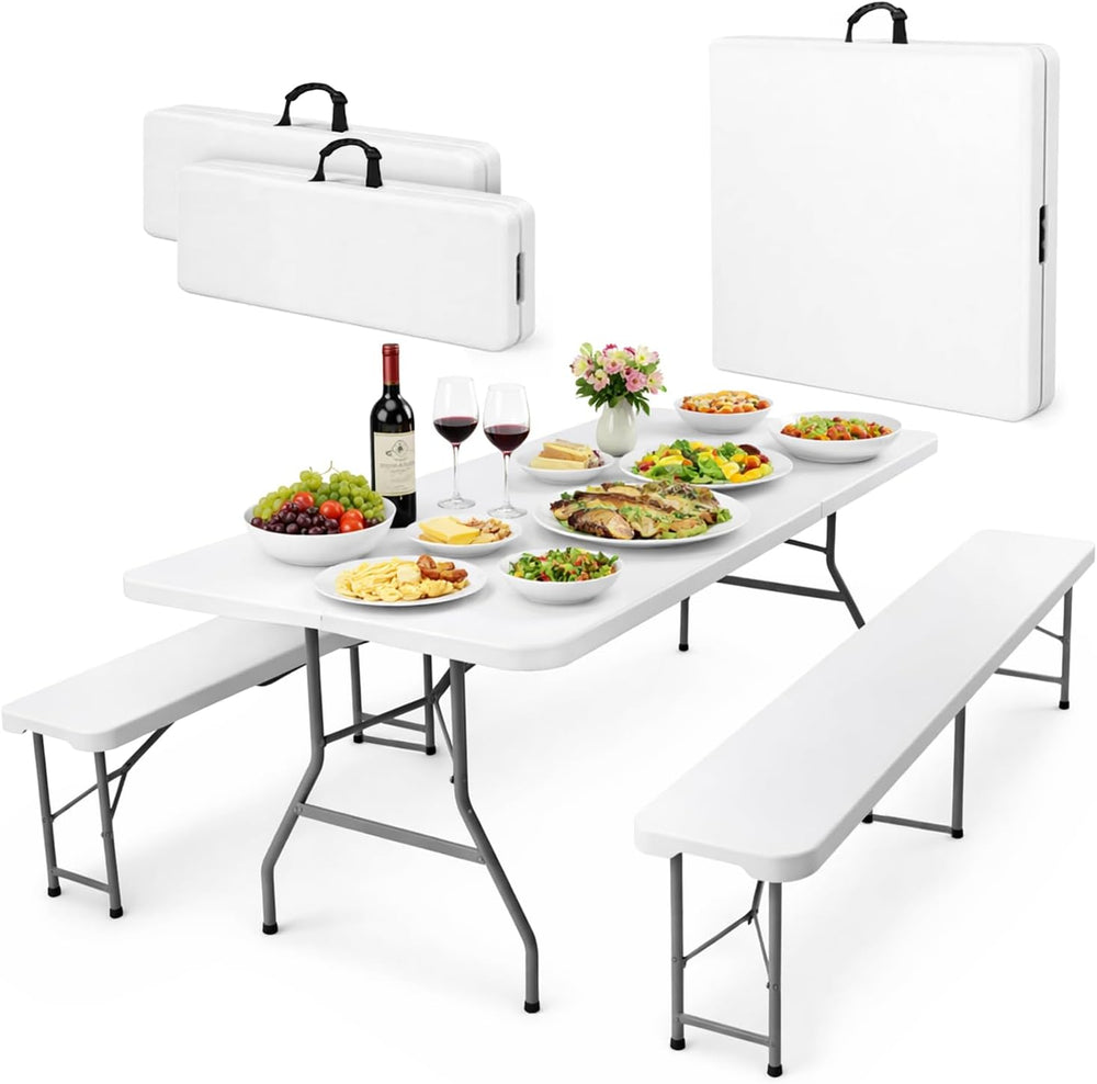 EconoHome 6 Ft White Plastic Folding Table Set with 2 Benches – Heavy-Duty Pi...