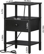 Lerliuo Nightstand Set of 2 with Charging Station and USB Ports, 3-Tier Storage End Table with Drawer Shelf, Night Stand for Small Spaces, Wood Bedside Table for Living Room, Bedroom - Classic Black