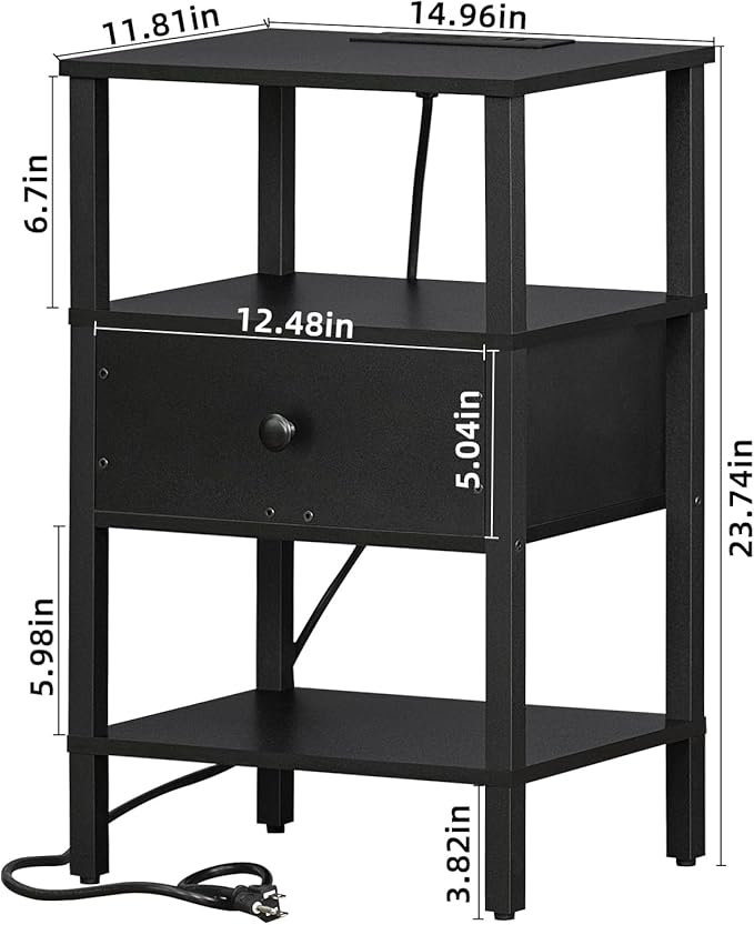Lerliuo Nightstand with Charging Station and USB Ports, 3-Tier Storage End Ta...