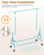 Heavy Duty Clothing Rack, Metal Clothes Rack Load 450 LBS, Rolling Coat Racks for Hanging Clothes with Lockable Wheels, Wardrobe Closet Garment Racks for Bedroom, Sky Blue