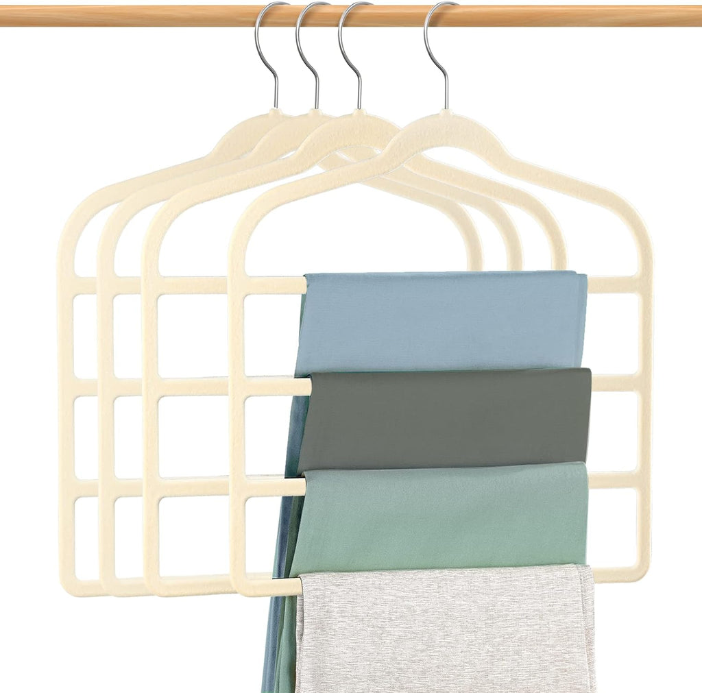 Velvet Hangers Space Saving Non Slip Pant Velvet Hangers, DUDUCOFU 4 Pack Beige Multi Layer Clothes Hangers Closet Organizer for Pants Trousers Scarf