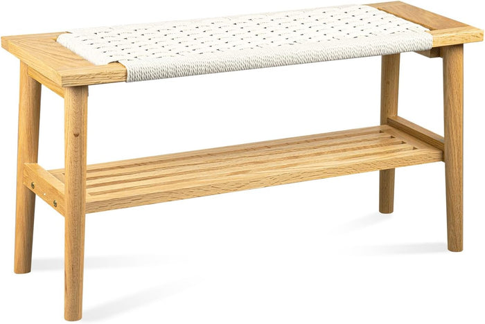 Solid Wood Narrow Bench with Storage, 33.46" Woven Bench for Entryway and Hallway, End of Bed Bench with Oak Frame, Boho Accent Bench (Natural Beige)