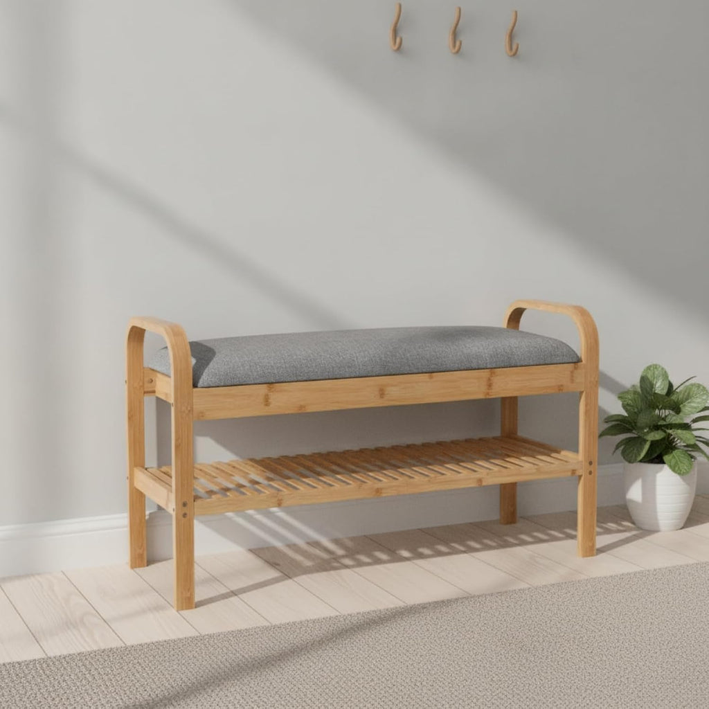 Fenteer Children Footstool Upholstered Bench with Storage and Slatted Shoe Shelf Bamboo Construction with Straight Legs Compact Design for Small Suitable for Hallway Dorm condo Kids Room
