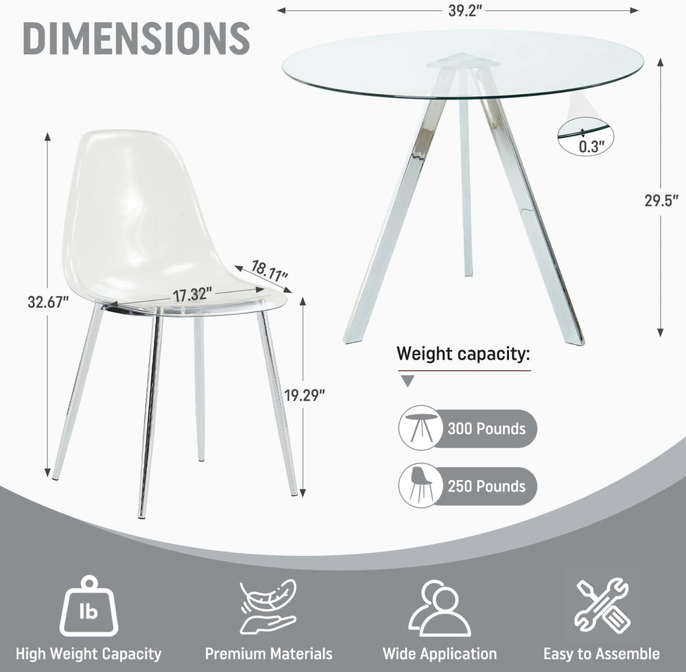 Round Dining Table Set for 4, 39" Clear Tempered Glass Table with Sliver...