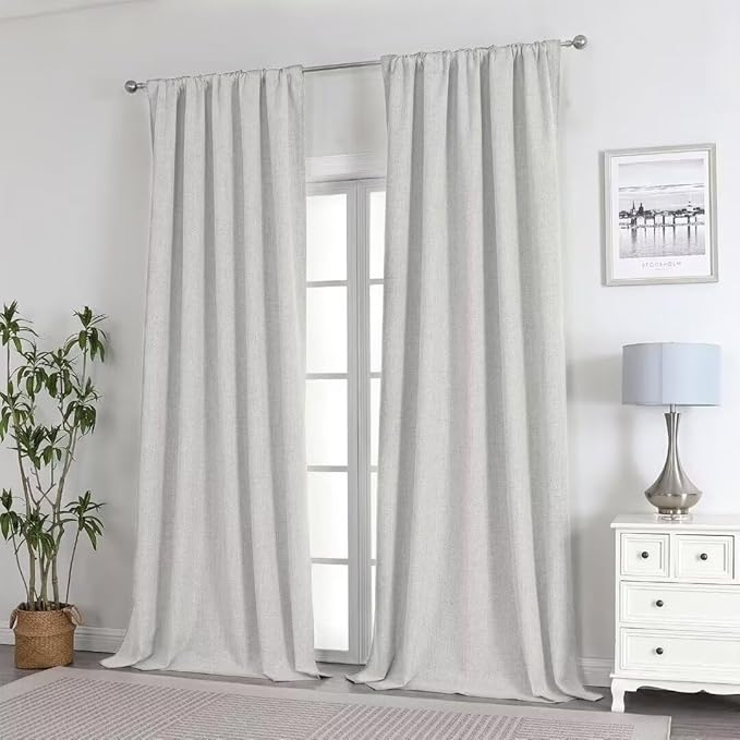 Joydeco Natural Linen Curtains 96 inch Length 2 Panels Set Burg 100% Blackout Patio Door Curtain Room Darkening Sliding Door Curtains Thermal Insulated Back tab Rod Pocket(105x96 inch, Light Beige)