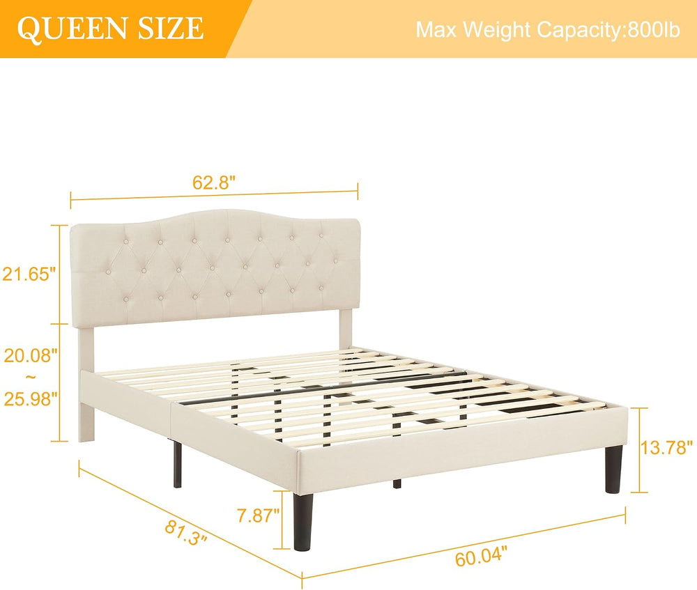 VECELO Queen Size Platform Bed Frame with Fabric Upholstered Headboard and Wo...