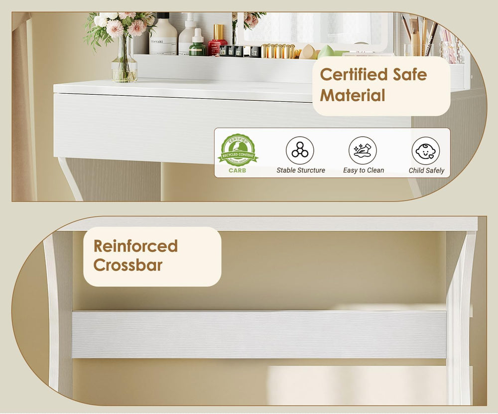 White Small Vanity Desk with Mirror and 3 Adjustable Light Modes | Dimmable L...