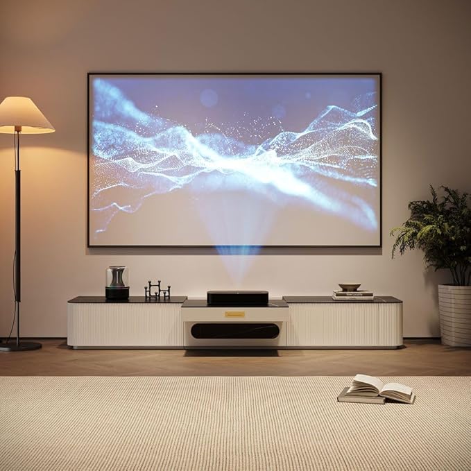 POVISON Fully-Assembled Modern Low Profile TV Stand with Ultra-Short Throw Projector Platform, Sintered Stone Entertainment Center with Storage, Wood TV Console, Media Console for Living Room