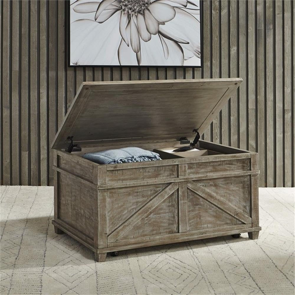 Pemberly Row 3 Piece Pine Wood Living Room Table Set, Weathered Taupe Finish,...