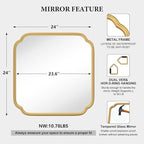 Gold Bathroom Mirror for Wall 24" x 24" Modern Rounded Corner Square Mirror with Non-Rusting Iron Metal Framed Bathroom Vanity Mirror for Over Sink Wall Decor Horizontal/Vertical